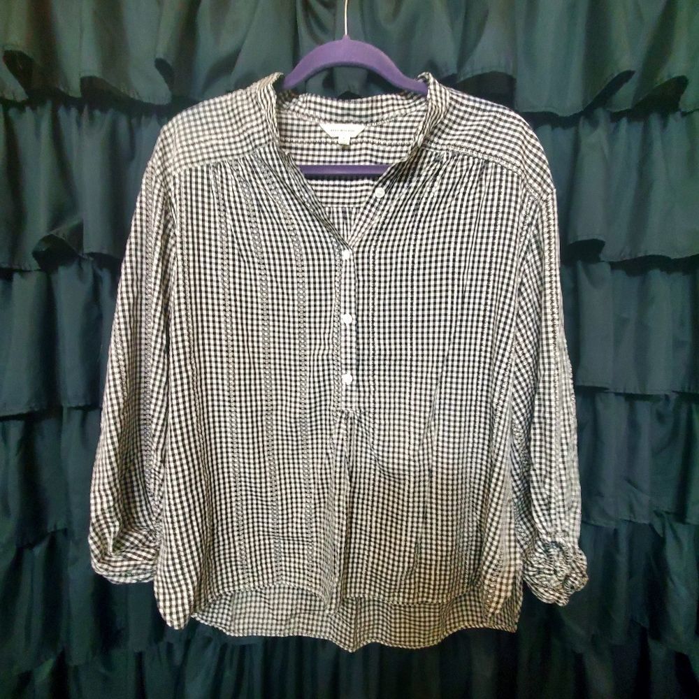 Max studio button halfway down black and white checkered shirt. Large